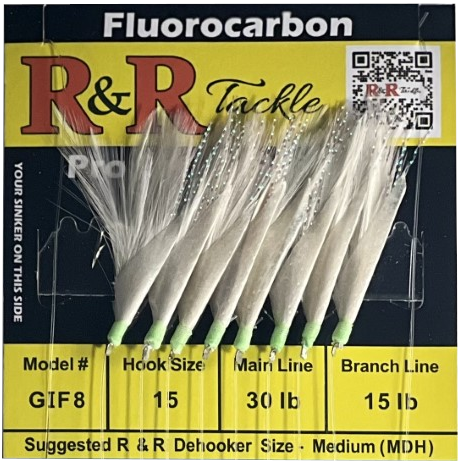 GIF8 Fluorocarbon bait rigs - 8 (Size 6) with white feather