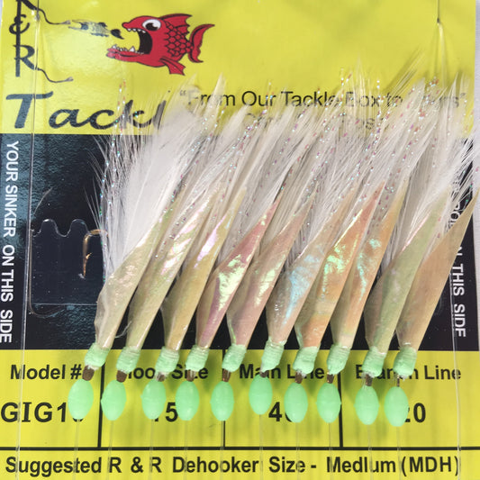 GIG10 Bait Rig- 10 (size 15) gold hooks with white feather & fish skin