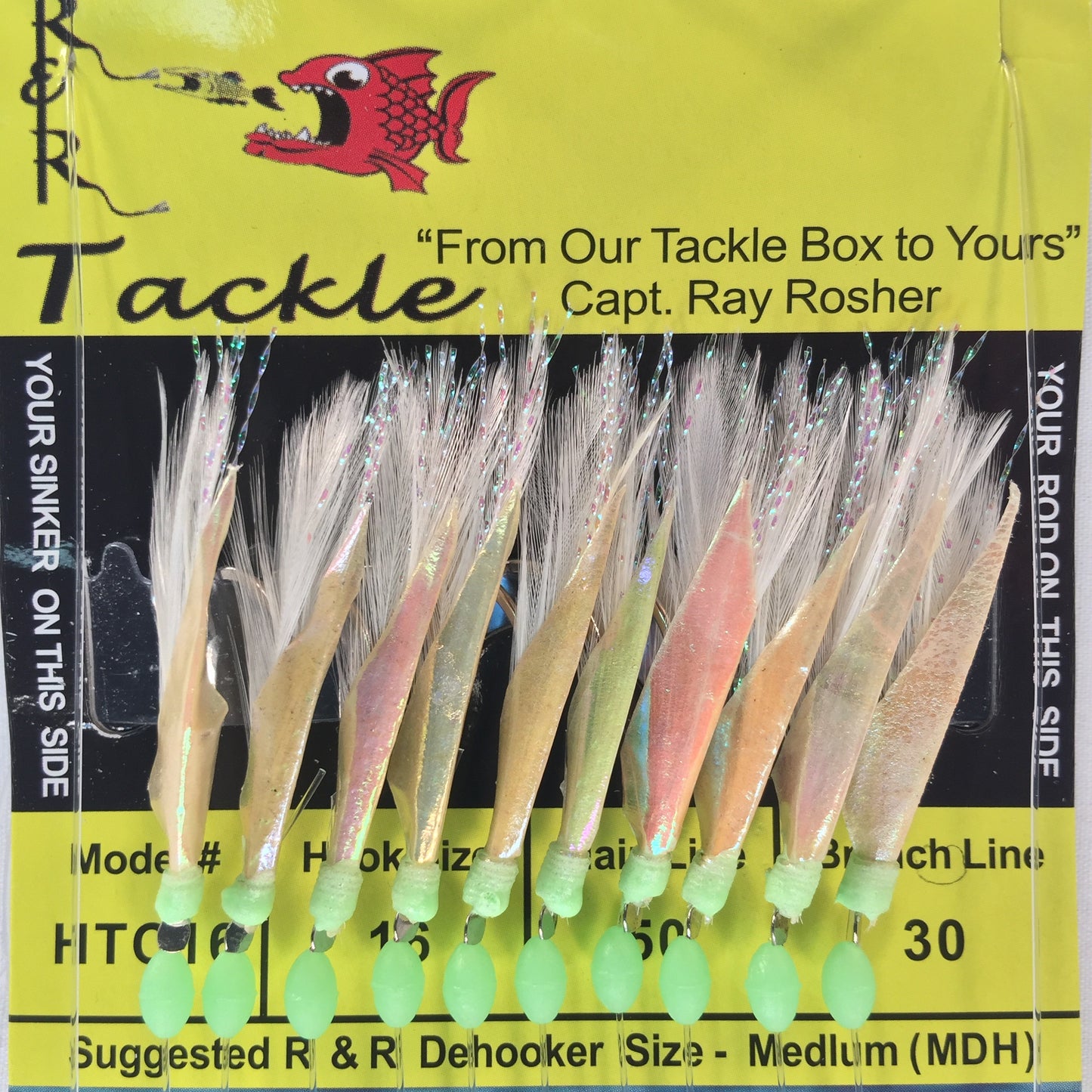 HTC16 Bait Rig - 10 (size 16) hooks with white feather & fish skin