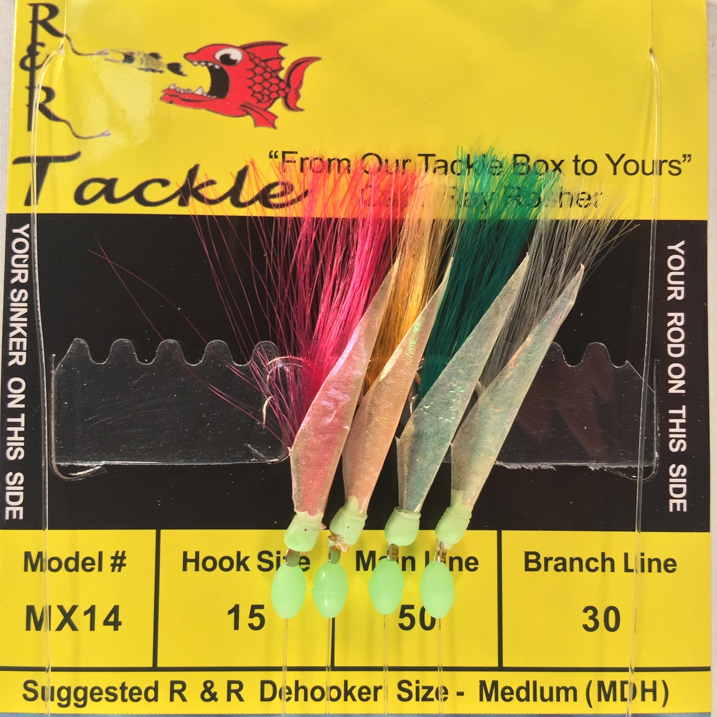 MX14 Bait Rig - 4 (size 15) hooks with multi-color nylon & fish skin