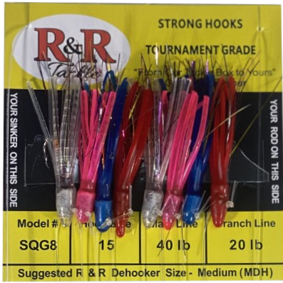 SQG8 Bait Rig - 8 (size 15) hooks with weighted multi-color squids