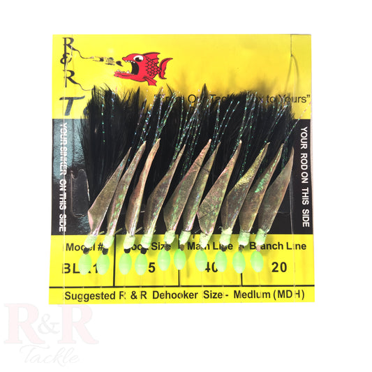 The R&R hand tied sabiki  has green glow beads, and a green collar with flash and black feathers, size 15 Mustad hook, 40lb main line, and a 20lb branch line. Sabiki rig, bait fishing, Live bait, Offshore fishing, Tackle store, Ray Rosher.