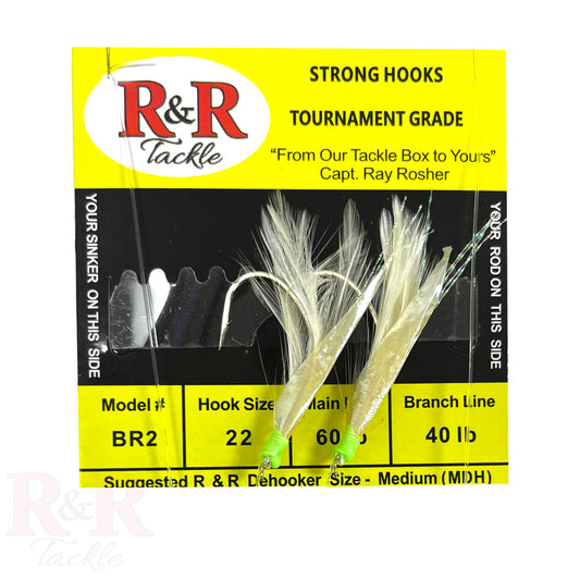 R&R Tackle BR3 hand tied blue runner sabiki bait rigs made with high quality hooks, monofilament line and feathers. Also, great for bonito, small mackerel and larger bait fish.