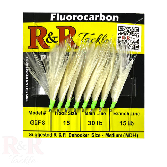 R&R Tackle sabiki fall fluorocarbon rig,  Mustad size 15 hook, 30lb main line, 15lb branch line, bait fishing. Great for big baits like bullet Bonita, Tinker mackerel, goggle eye, Blue runners.