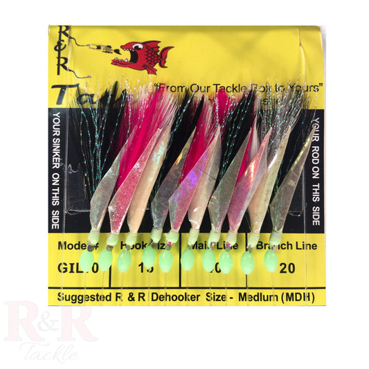 GIL10 Bait Rig- 10 (size 15) hooks with multi-color feather & fish skin - R&R Tackle Co. | Premium Saltwater Fishing Tackle