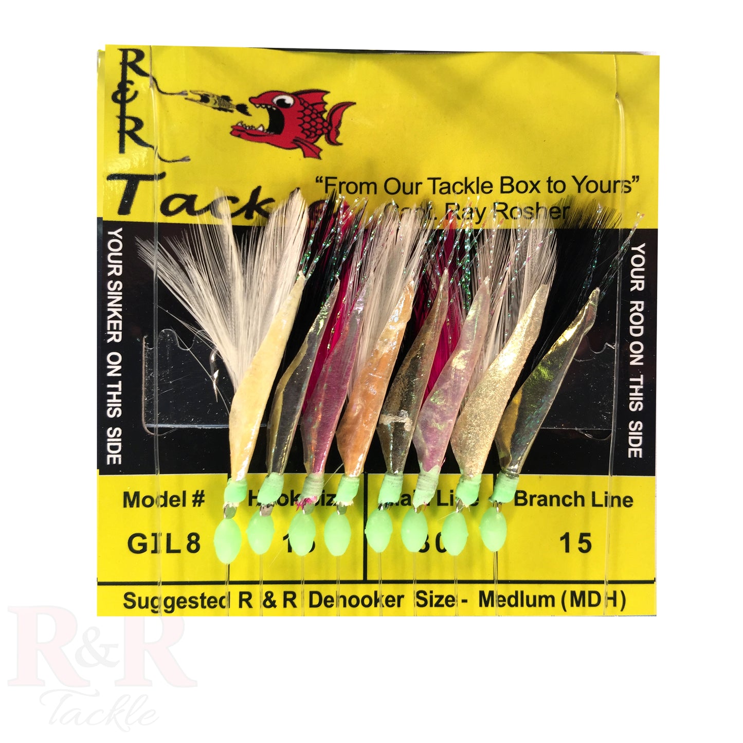 GIL8 Bait Rig- 8 (size 15) hooks with multi-color feather & fish skin - R&R Tackle Co. | Premium Saltwater Fishing Tackle