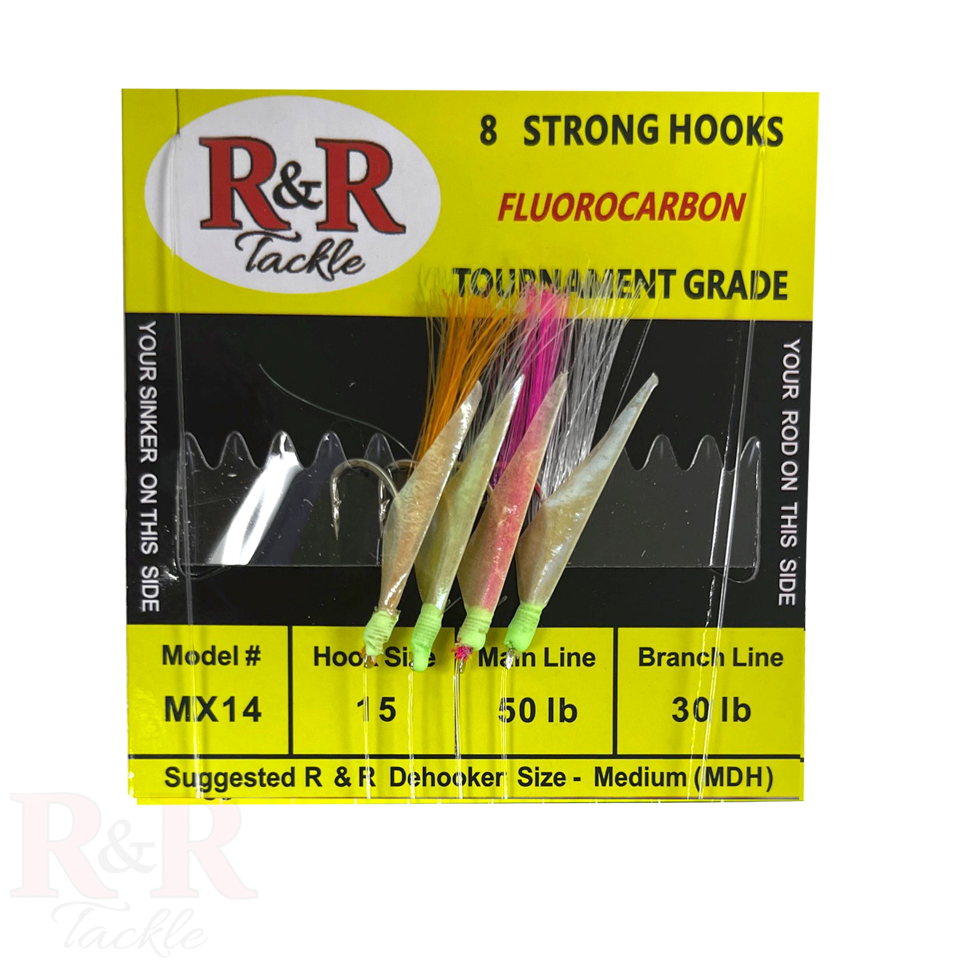 MX14 Bait Rig - 4 (size 15) hooks with multi-color nylon & fish skin - R&R Tackle Co. | Premium Saltwater Fishing Tackle