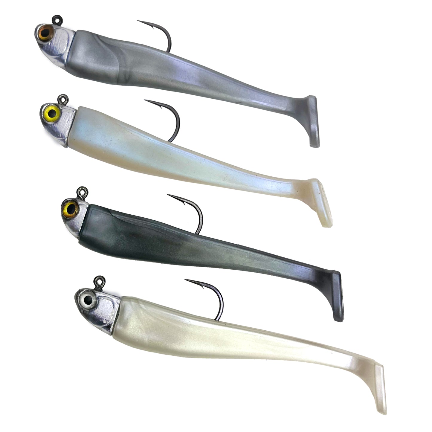 R&R Tackle, Rigged Bulk Swim baits, Silver, HI lite blue, Dark Silver, and  Pearl.