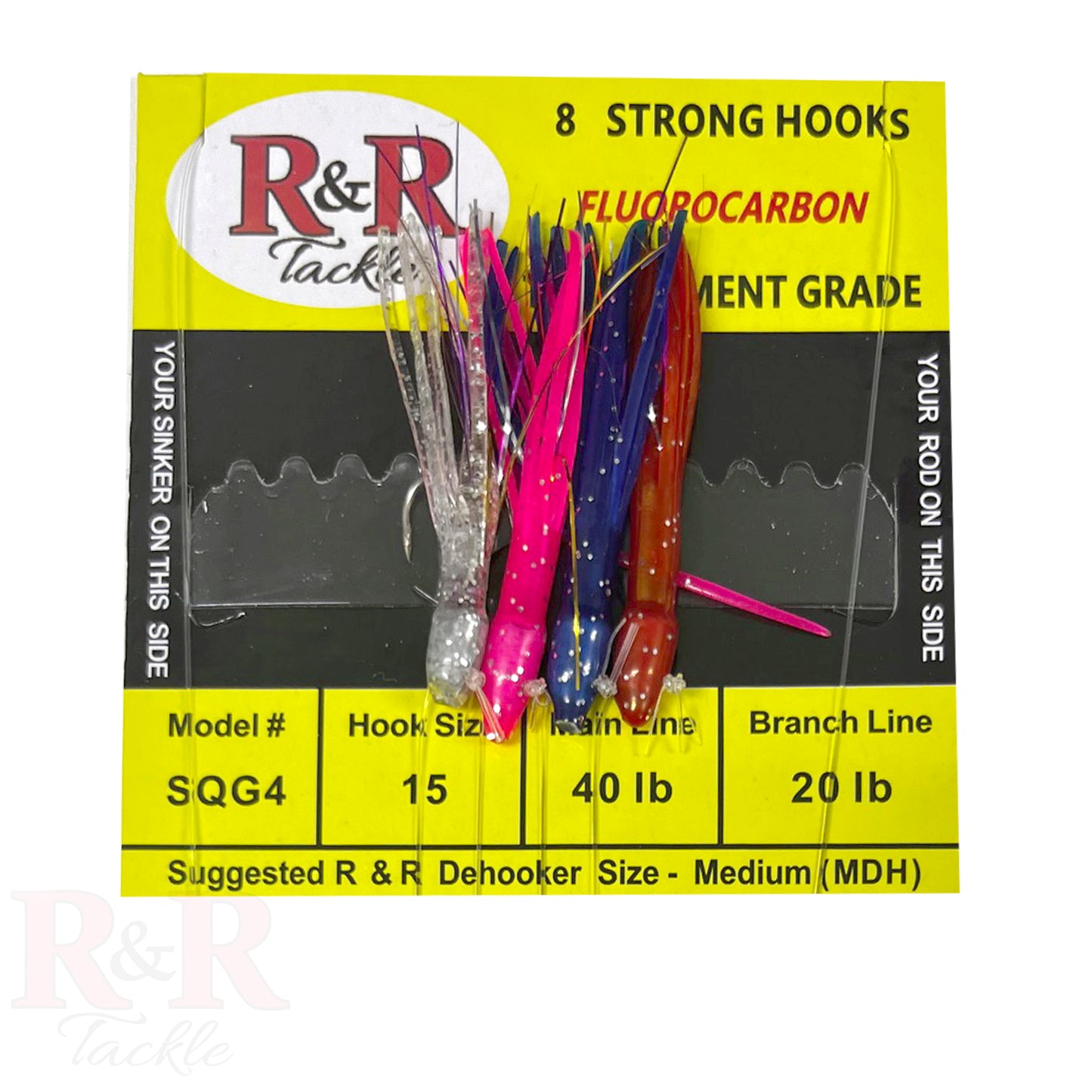 SQG4 Bait Rig - 4 (size 15) hooks with weighted multi-color squids - R&R Tackle Co. | Premium Saltwater Fishing Tackle