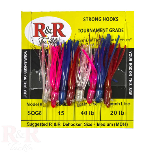 SQG8 Bait Rig - 8 (size 15) hooks with weighted multi-color squids - R&R Tackle Co. | Premium Saltwater Fishing Tackle