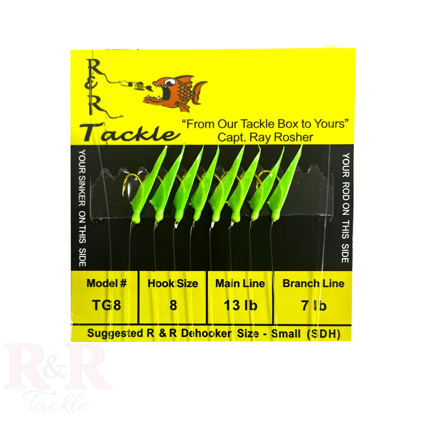 TG8 Bait Rigs - 8 (size 8) hooks with green heads & glow skin (Glows-in-Dark) - R&R Tackle Co. | Premium Saltwater Fishing Tackle