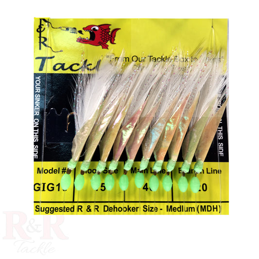 GIG10 Bait Rig- 10 (size 15) gold hooks with white feather & fish skin - R&R Tackle Co. | Premium Saltwater Fishing Tackle