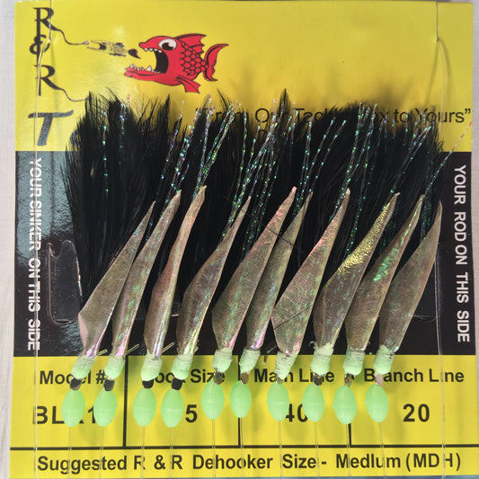 BLK10 Bait Rig - 10 (size 15) hooks with black feather & green glow bead