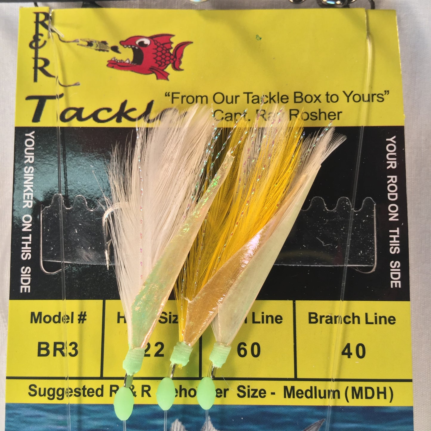 BR3 Bait Rig - 3(Size 22) hooks with white/yellow feather & fish skin