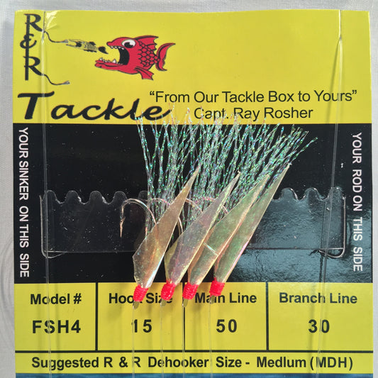 FSH4 Bait Rig- 4 (size 15) hooks with flash & fish skin