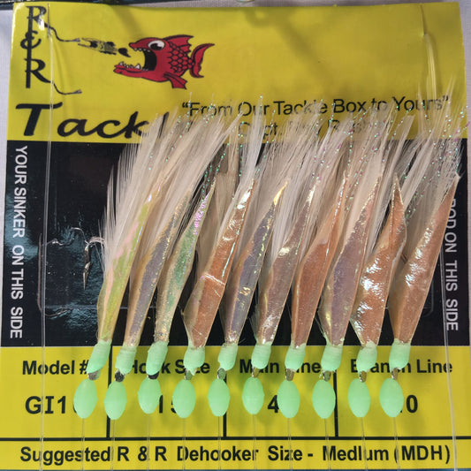 GI10 Bait Rig - 10 (size 15) hooks with white feather & fish skin