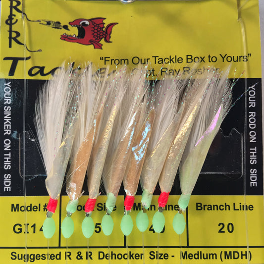 GI14 Bait Rig -  8 (size 15) hooks with white feather & Red/Grn beads & fish skin