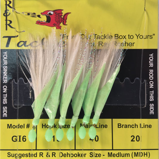 GI6 Bait Rig - 6 (size 15) hooks with white feather & glow fish skin