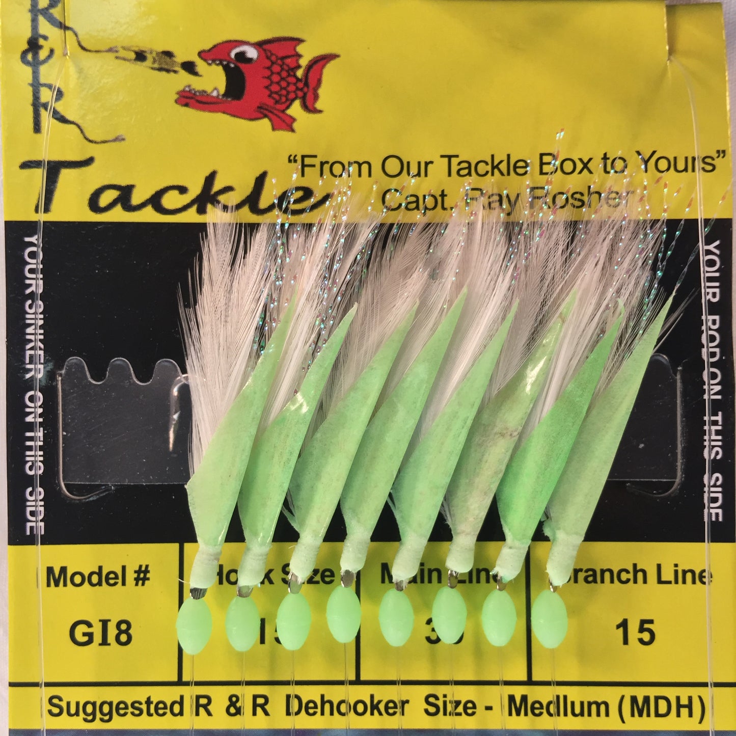 GI8 Bait Rig- 8 (size 15) hooks with white feather & glow fish skin