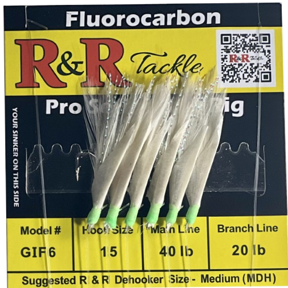 GIF6 Fluorocarbon bait rigs - 6 (Size 6) with white feather & green heads