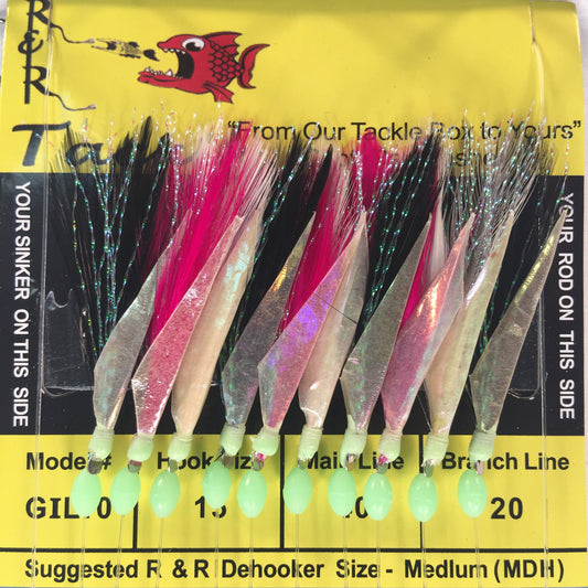 GIL10 Bait Rig- 10 (size 15) hooks with multi-color feather & fish skin