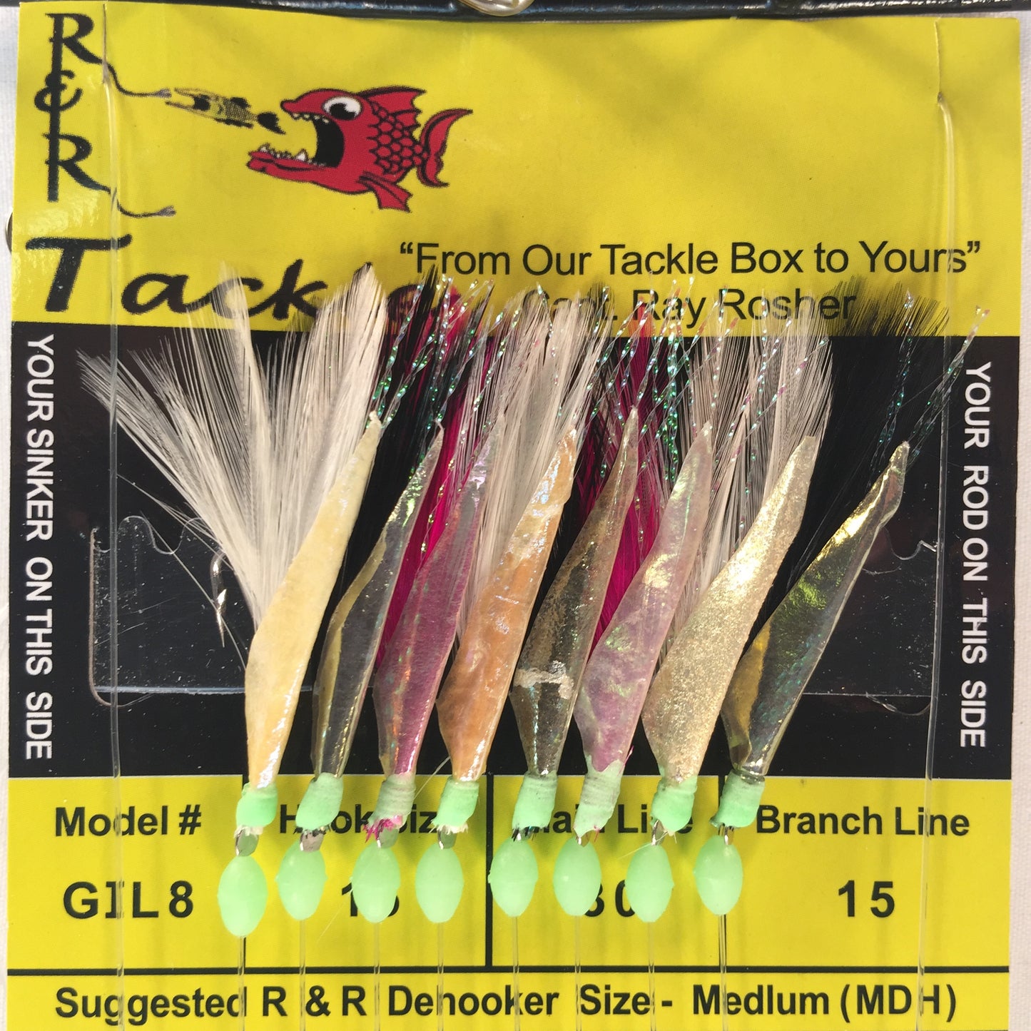 GIL8 Bait Rig- 8 (size 15) hooks with multi-color feather & fish