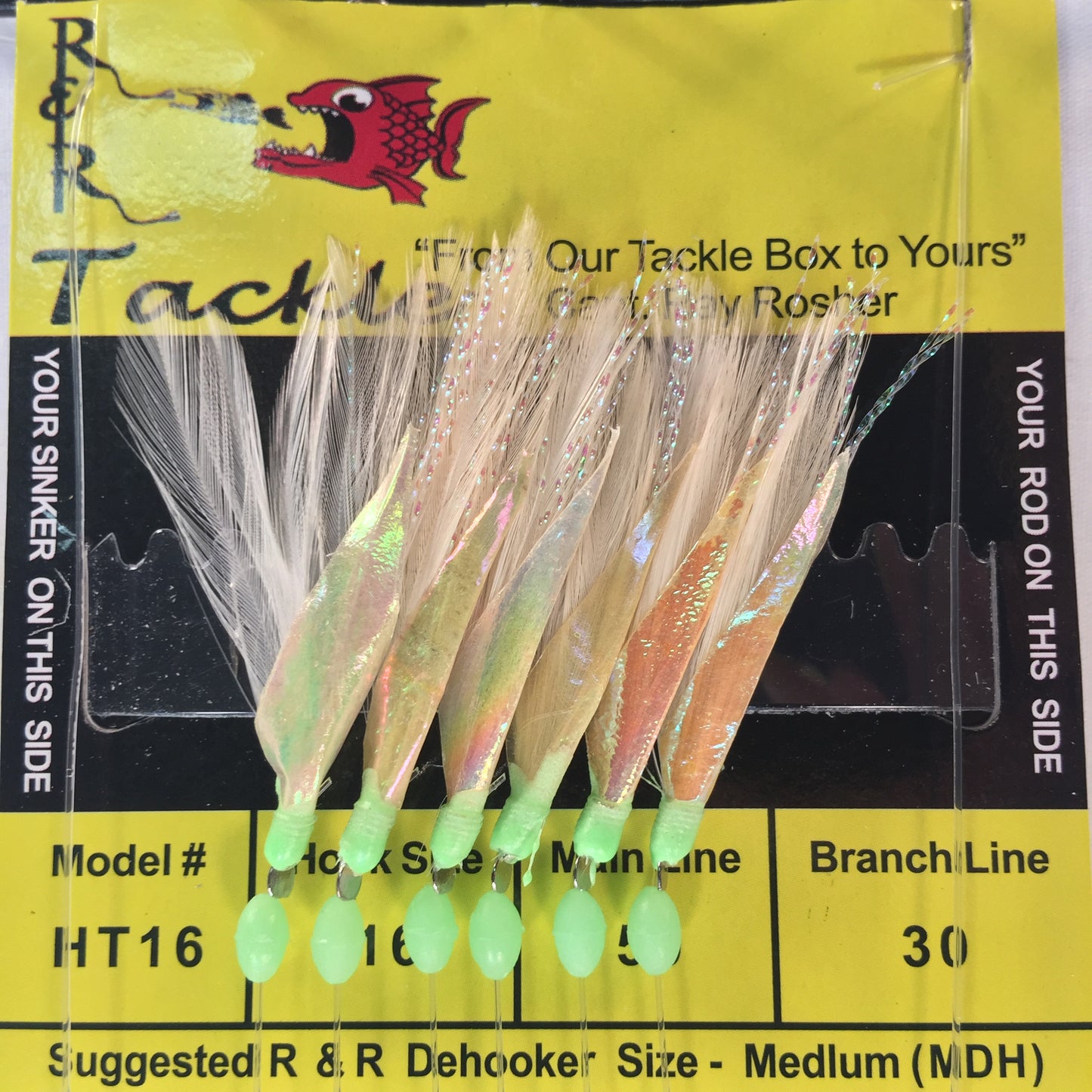 HT16 Bait Rig - 6 (size 16) hooks with white feather & fish skin