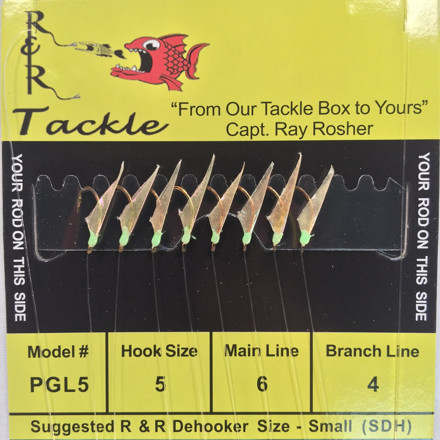 PGL5 Bait Rig - 8 (size 5) hooks with fish skin & green heads