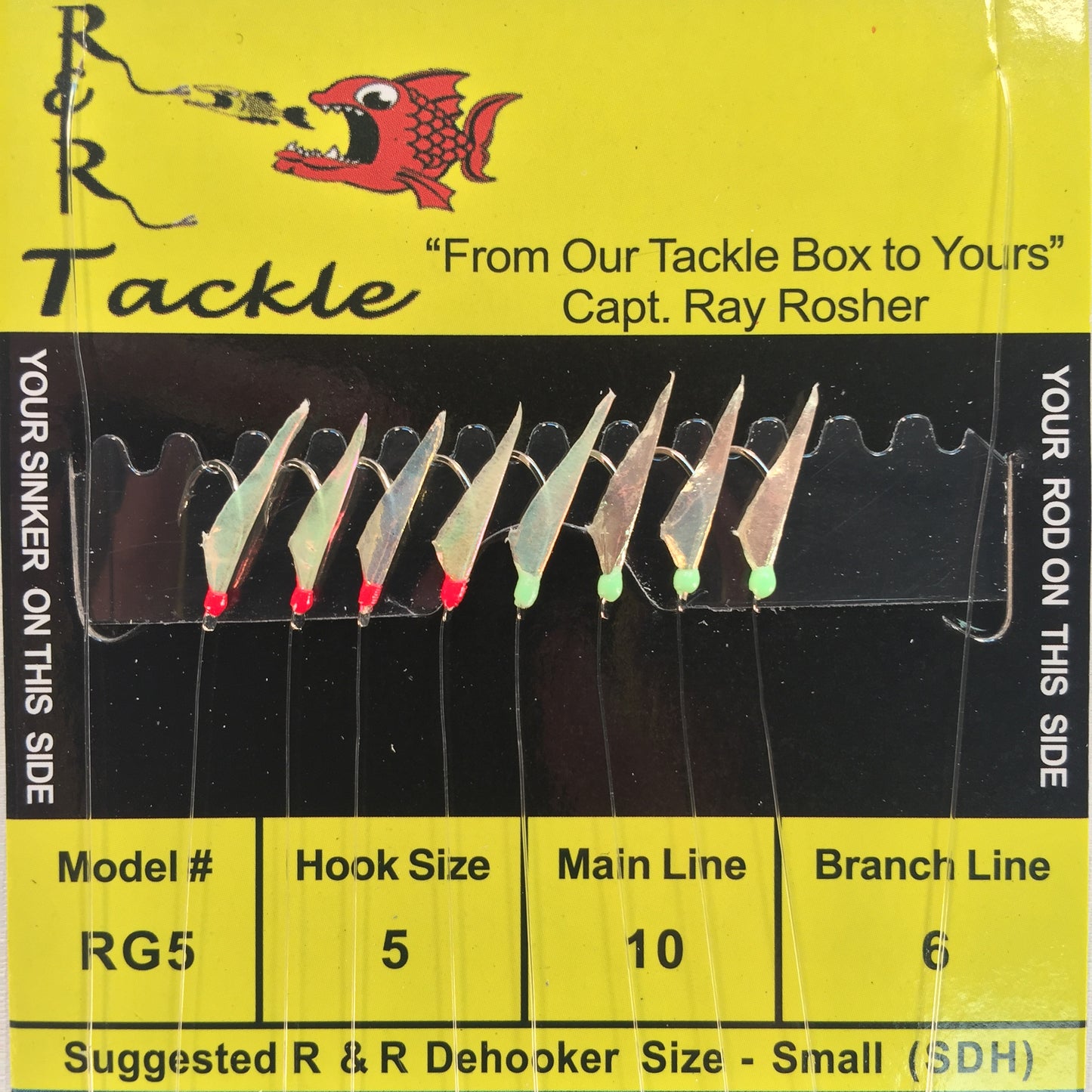 RG5 Bait Rig - 8 (size 5) hooks with fish skin & red/ green heads – R&R  Tackle Co.