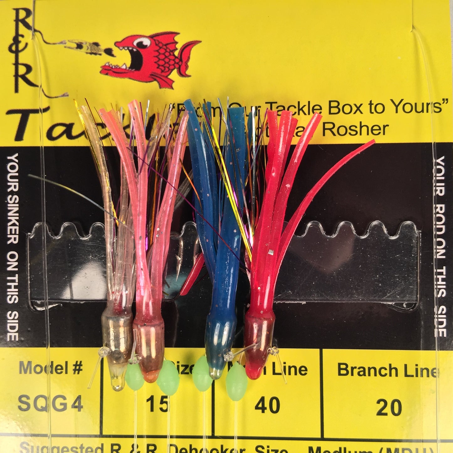 SQG4 Bait Rig - 4 (size 15) hooks with weighted multi-color squids