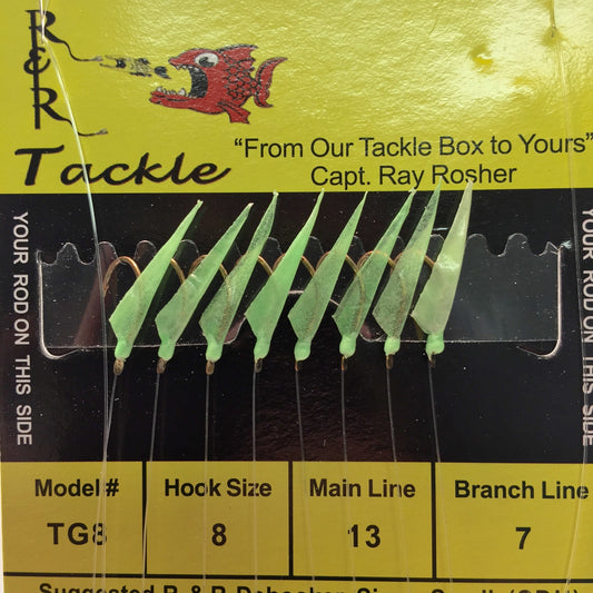 TG8 Bait Rigs - 8 (size 8) hooks with green heads & glow skin (Glows-in-Dark)